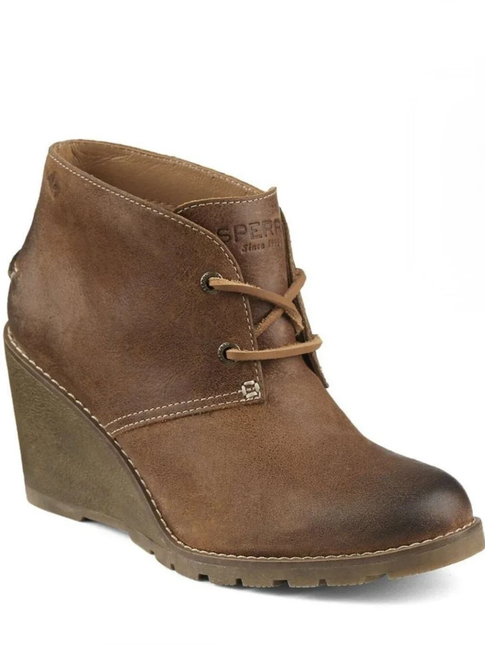 Sperry Stella Prow Brown Leather Wedge Ankle Boots Women's Size 7.5M